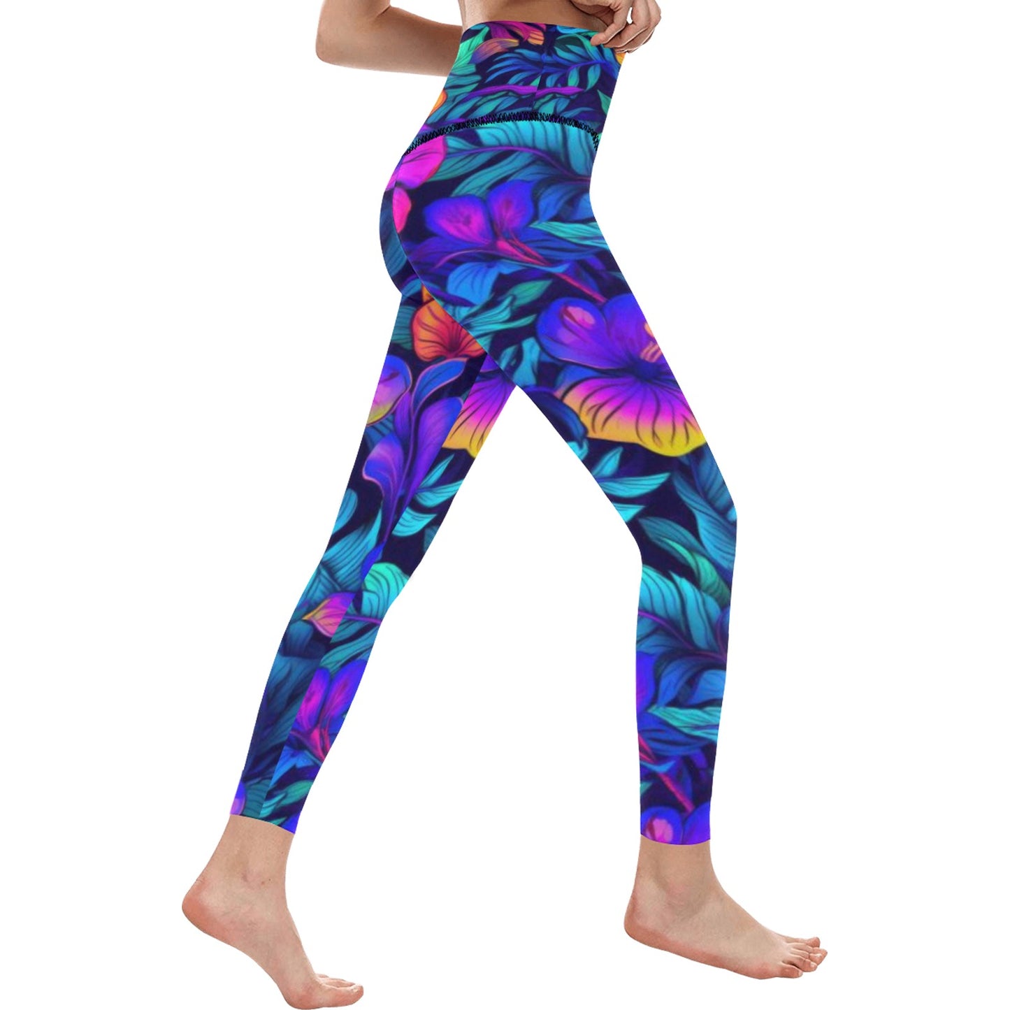 Women's High-Waisted Leggings Neon Tropical Flowers & Leaves