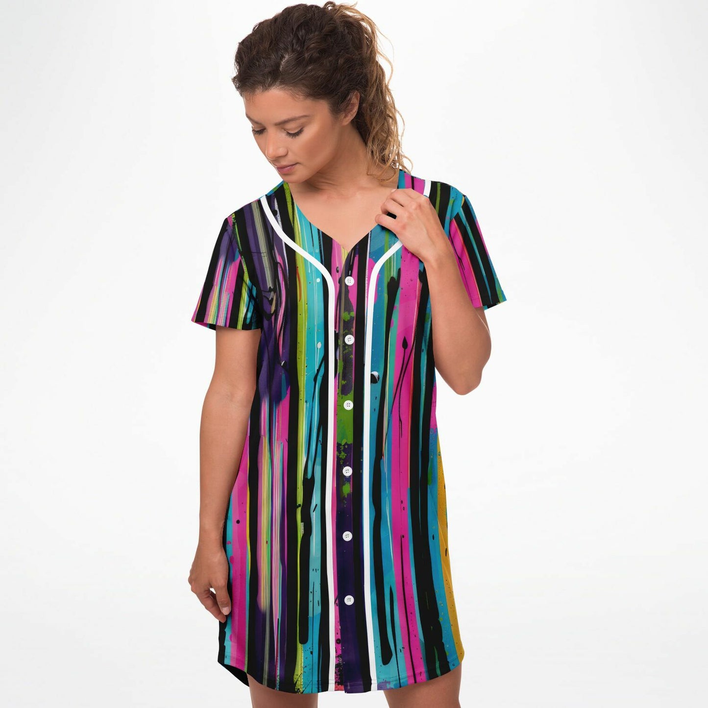 Vibrant Abstract Baseball Jersey Dress – Colorful Grunge Painting Design with Dynamic Splatter & Drip Effects