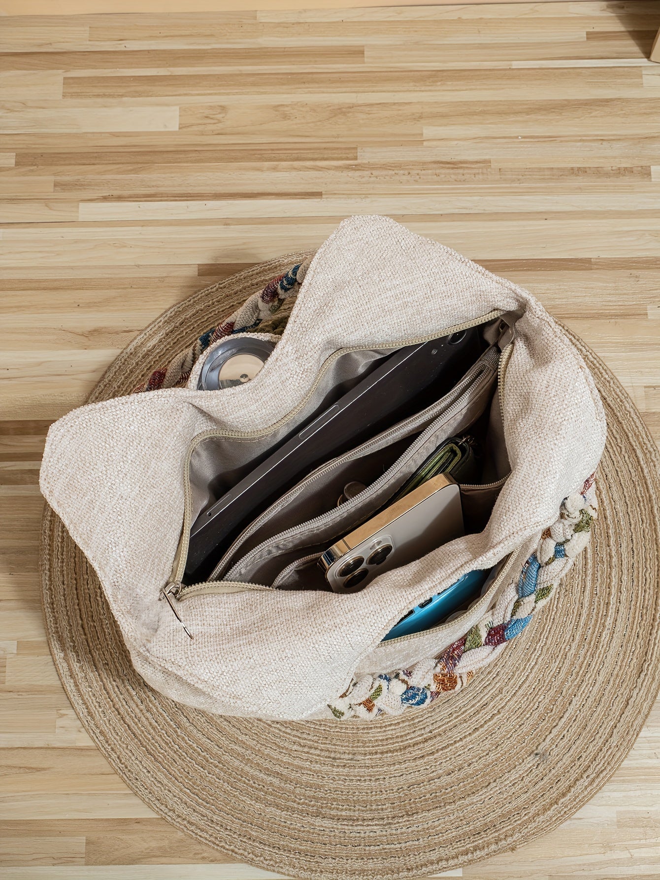 Bohemian Style Handmade Flower Tote Bag, Foldable, Zipper Closure, Fixed Shoulder Strap, with Wristlet, for Vacation