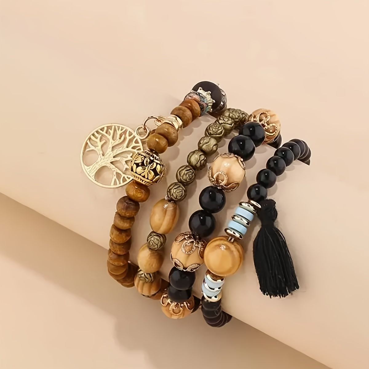 4pcs Bohemian Tree of Life Tassel Pendant Bracelet Set, 4-Piece Set with Random Bead Colors
