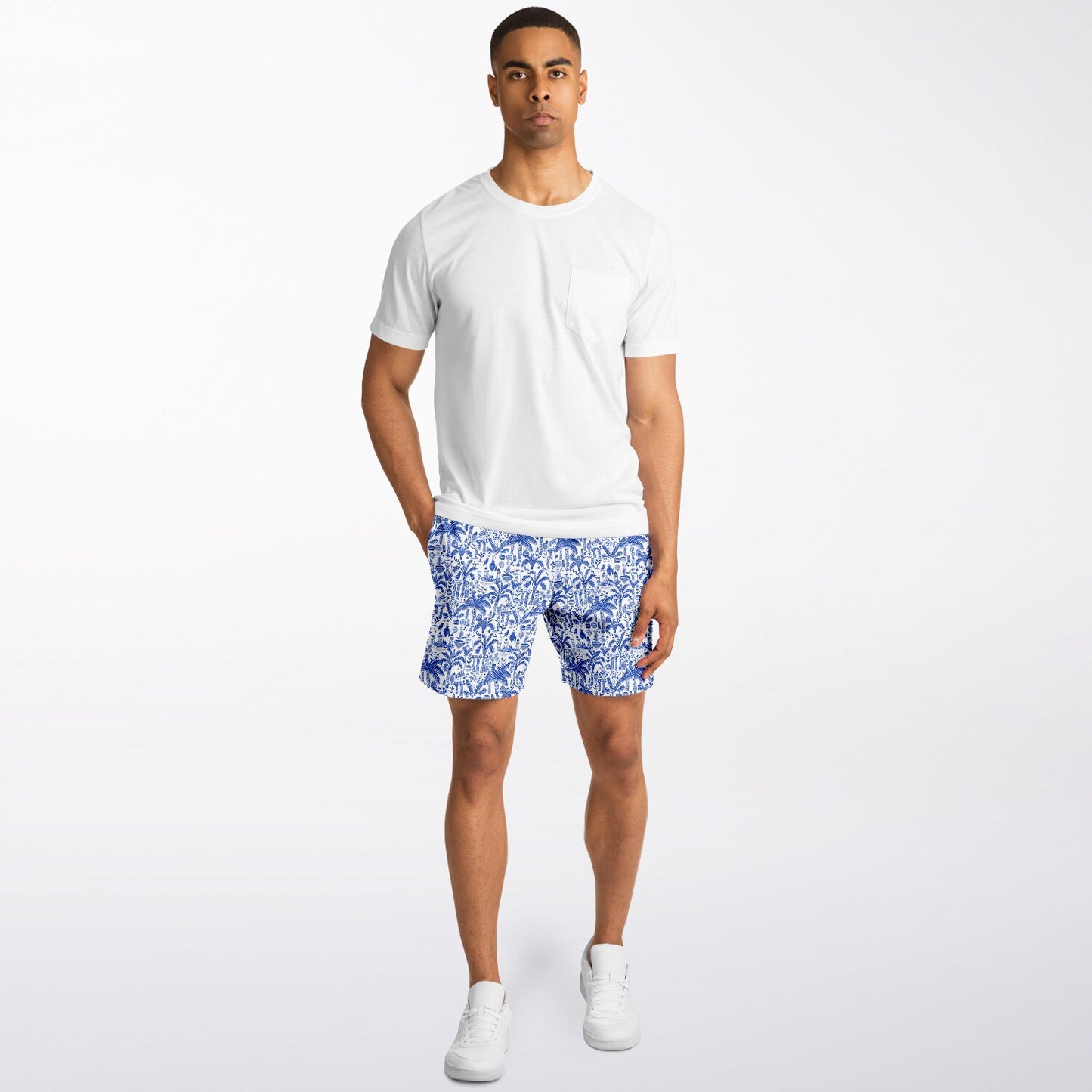 Men's Fashion Shorts | Ancient Art Blue & White Pattern Shorts | Birds & Palm Trees Fashion Shorts | Beach Shorts