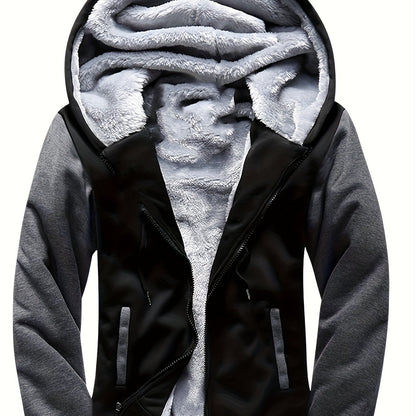 Men's Winter Hoodie: Contrast Colors Fleece Jacket, Cotton Blend, Warm, Comfortable, Versatile for Street Outdoor Activities