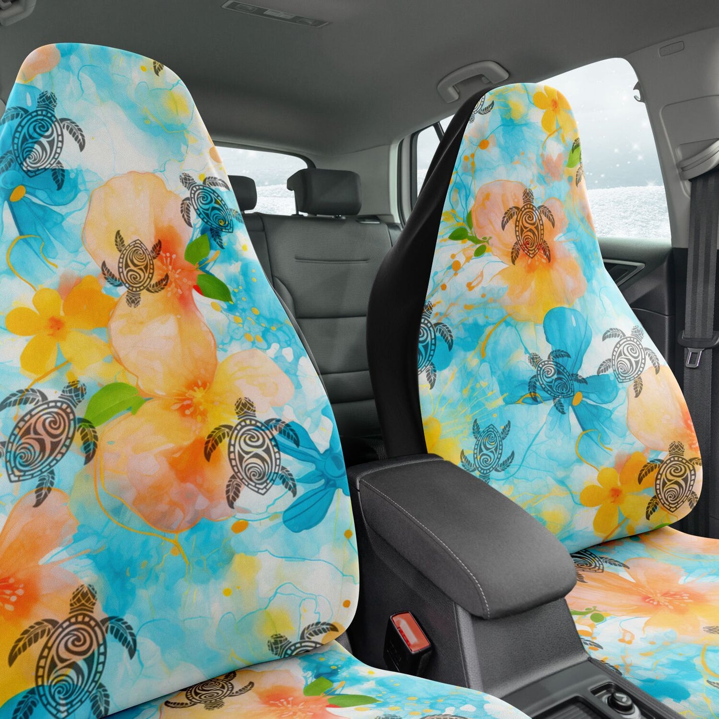 Boho Sea Turtle Colorful Abstract Floral Car Seat Covers – Summer Vibes Design, High Quality Custom Design, Summer Vibe