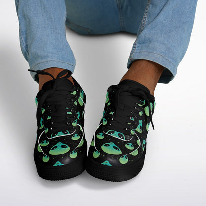 Core Top Shoes, Alien Skull Sneakers, Green & Blue Skull Low Tops, Unique Sci-Fi Streetwear Custom Design