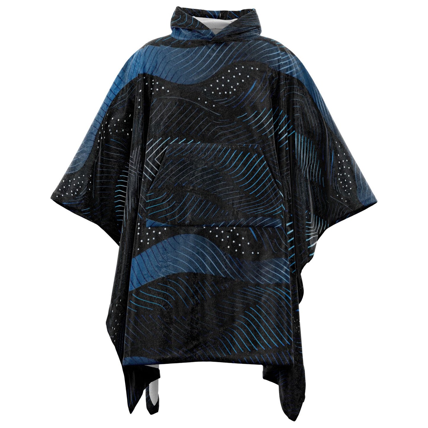 Flannel Blanket Poncho – Abstract Blue Wave Art, Modern Cozy Wrap with Flow & Depth
