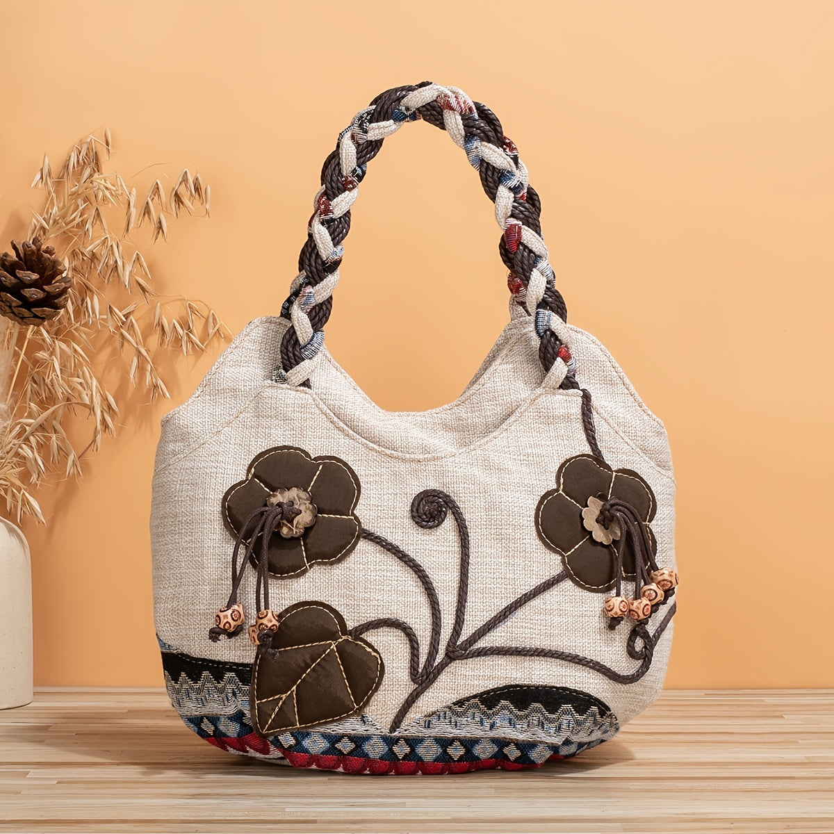 Bohemian Style Handmade Flower Tote Bag, Foldable, Zipper Closure, Fixed Shoulder Strap, with Wristlet, for Vacation