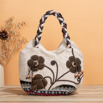 Bohemian Style Handmade Flower Tote Bag - Foldable, Zipper Closure, Fixed Shoulder Strap, Wristlet Included, Perfect for Vacation