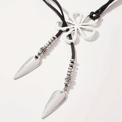 A Vintage Bohemian Hollowed-out Flower Collarbone Chain Leather Rope Y-shaped Collar Fashion Simple Beach Golden Necklace