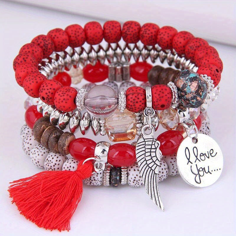 4pcs/Set Disc Love Wings Tassel Volcano Stone Beads Bracelet, Pink & Multicolor Beads Retro Bohemian Holiday Gift