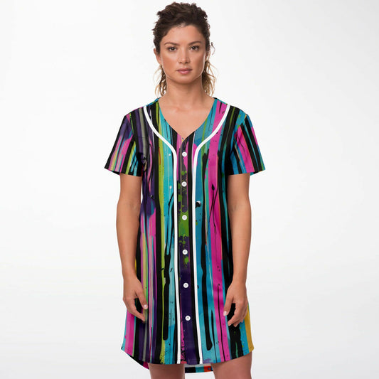Vibrant Abstract Baseball Jersey Dress – Colorful Grunge Painting Design with Dynamic Splatter & Drip Effects