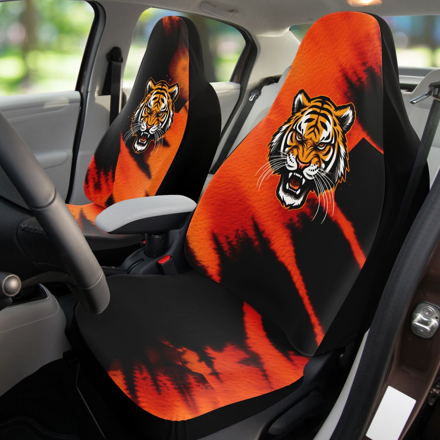 Black & Orange Bengal Car Seat Covers, Animal Print Auto Seat Protectors, Stylish Tiger Stripe Covers