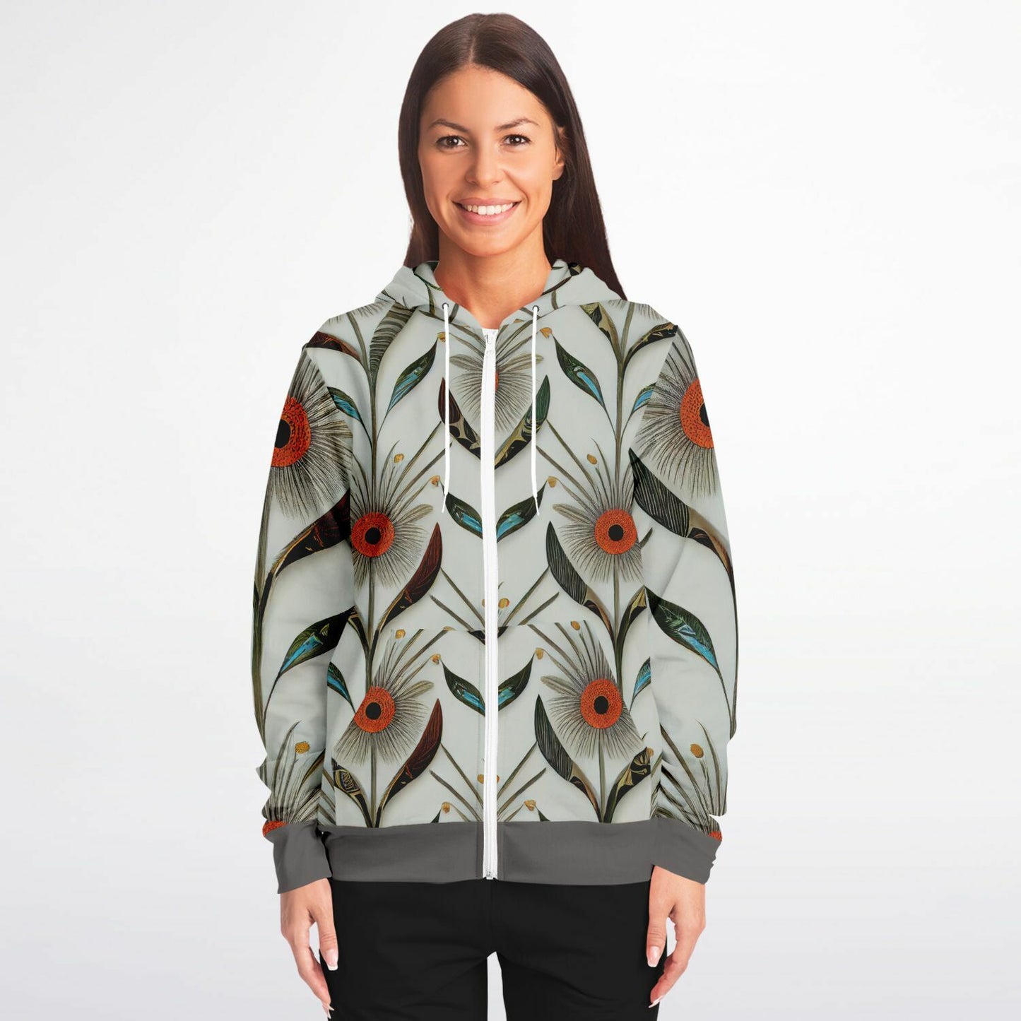 Gray Floral Athletic Zip-Up Hoodie – Unique One-of-a-Kind Women’s & Men’s Activewear Jacket