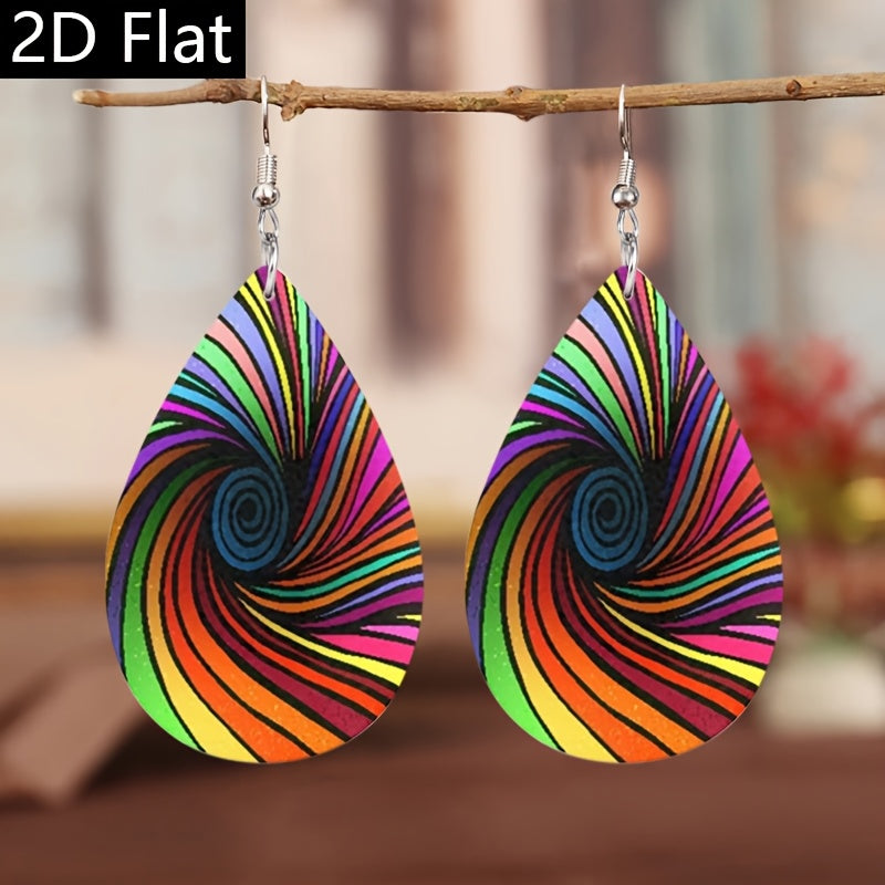 Bohemian Style Colorful Vortex Women'S Earrings with Dizzying Design and Faux Leather Pendant, 2D Flat
