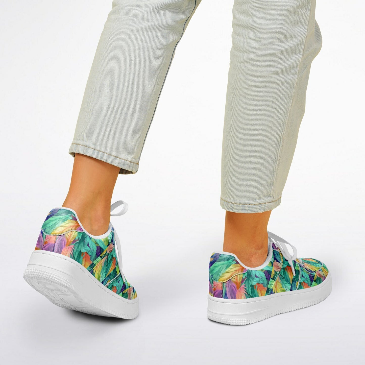 Core Low Shoes, Neon Feather Sneakers, Colorful Feather Print Low Tops, Festival Streetwear Shoes, Custom Shoes