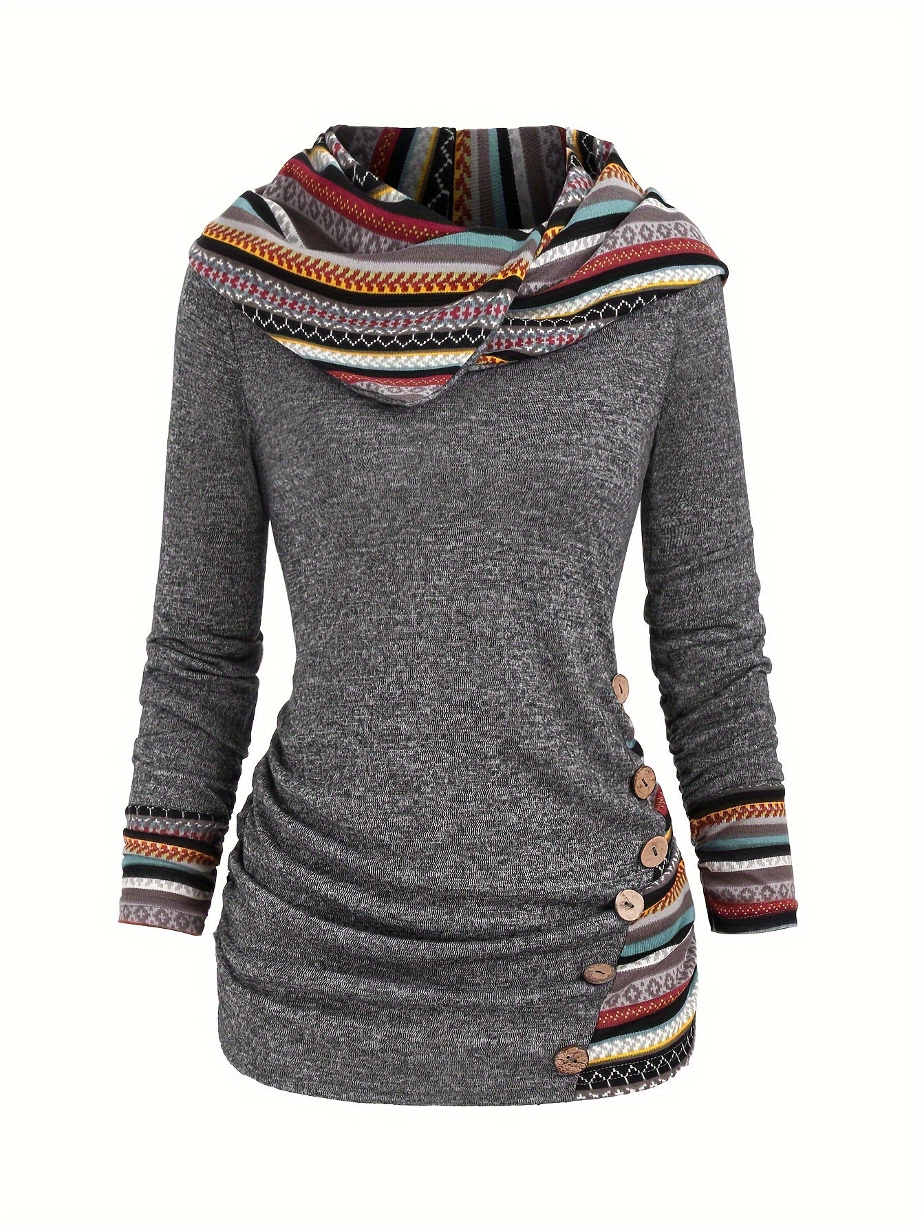 Stripe Splicing Button Decor Hoodie, Casual Long Sleeve Hoodie, Women's Clothing