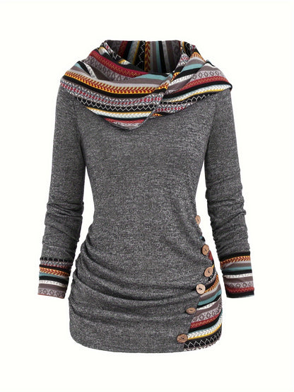 Stripe Splicing Button Decor Hoodie, Casual Long Sleeve Hoodie, Women's Clothing