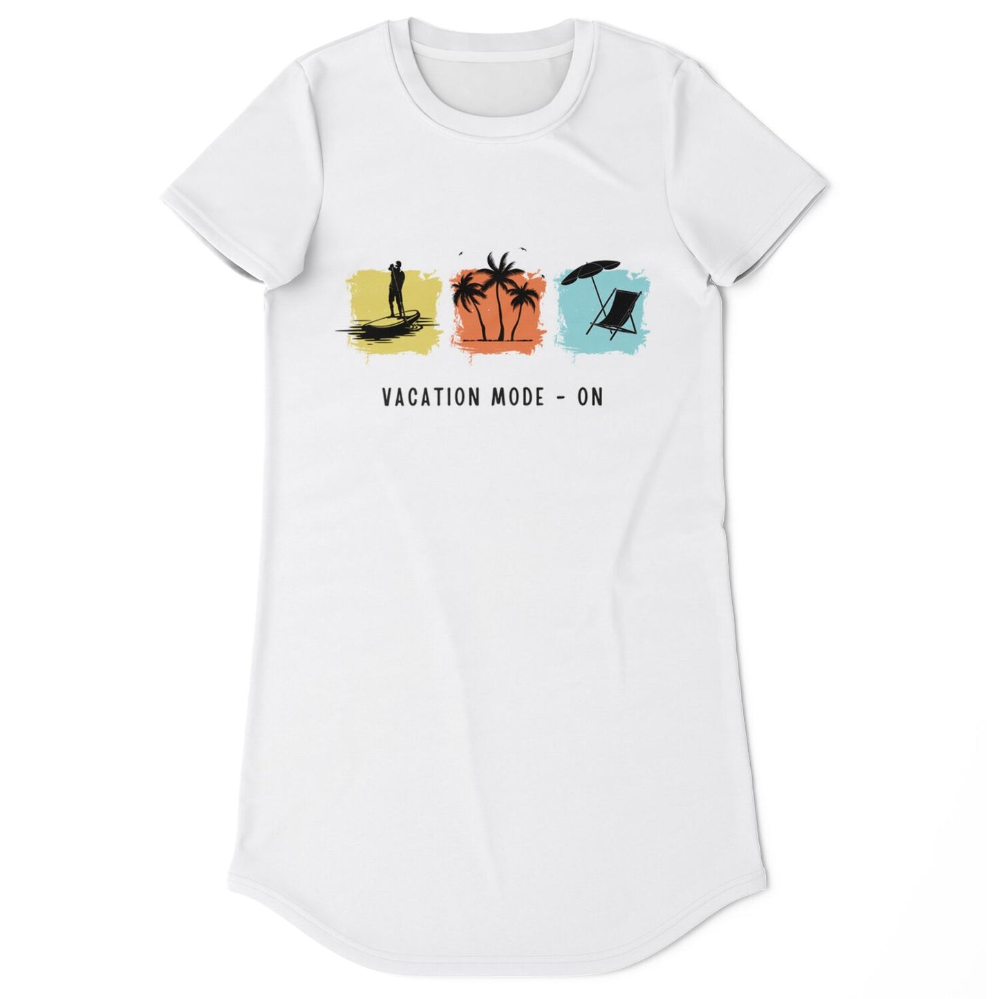 Vacation Mode On White T-Shirt Dress, Casual Summer Beach Dress, Relaxed Fit Travel Outfit, Graphic Vacation Dress for Women copy