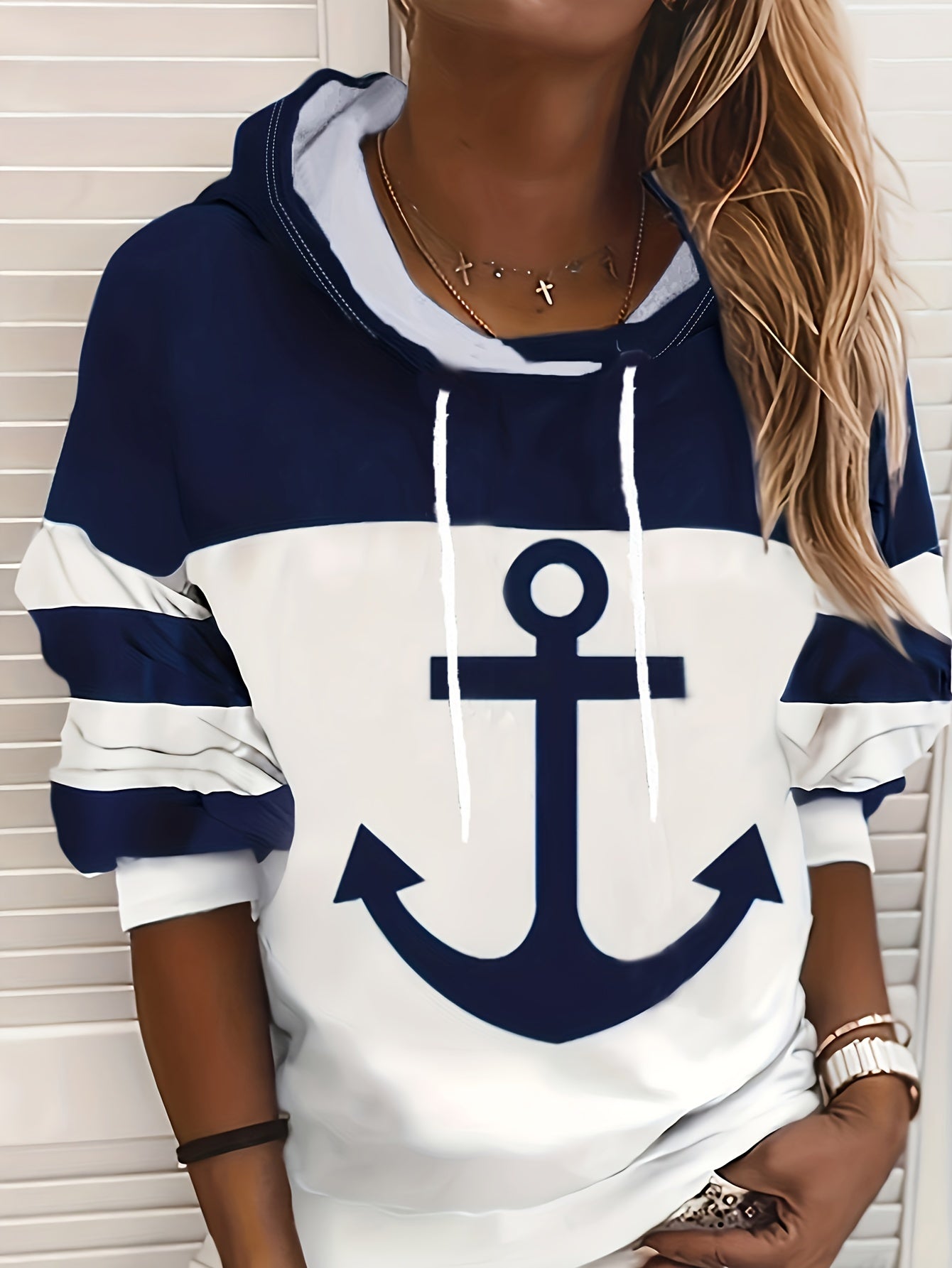 Casual Color Block Anchor Print Drawstring Hoodies - Women's Long Sleeve Sweatshirt