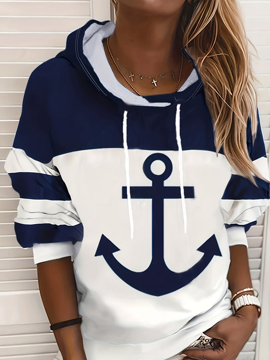 Casual Color Block Anchor Print Drawstring Hoodies - Women's Long Sleeve Sweatshirt