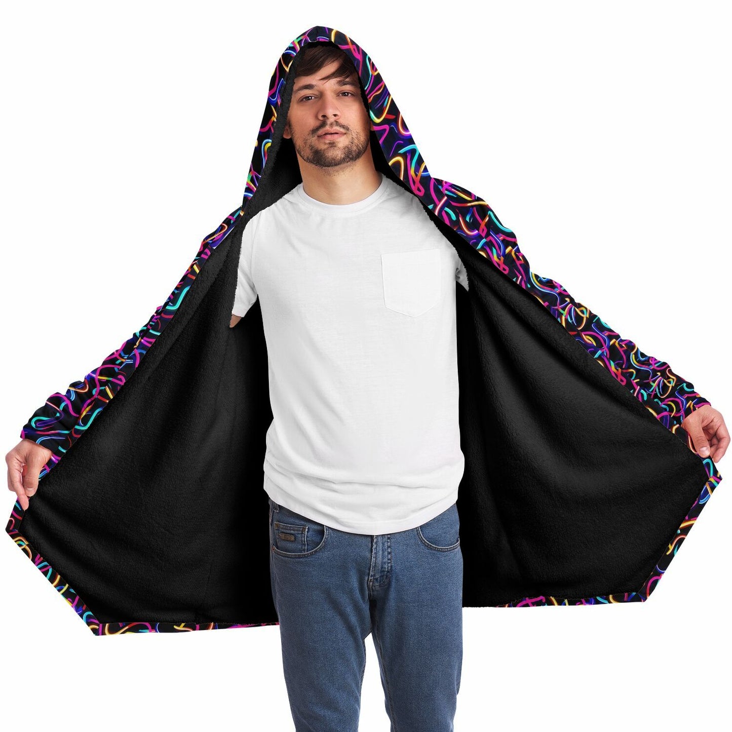 Microfleece Cloak – Neon Abstract Hooded Wrap, Glowing Digital Art Lines