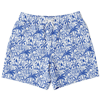 Men's Fashion Shorts | Ancient Art Blue & White Pattern Shorts | Birds & Palm Trees Fashion Shorts | Beach Shorts