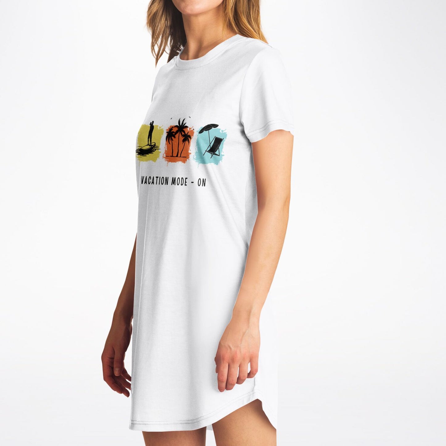 Vacation Mode On White T-Shirt Dress, Casual Summer Beach Dress, Relaxed Fit Travel Outfit, Graphic Vacation Dress for Women copy