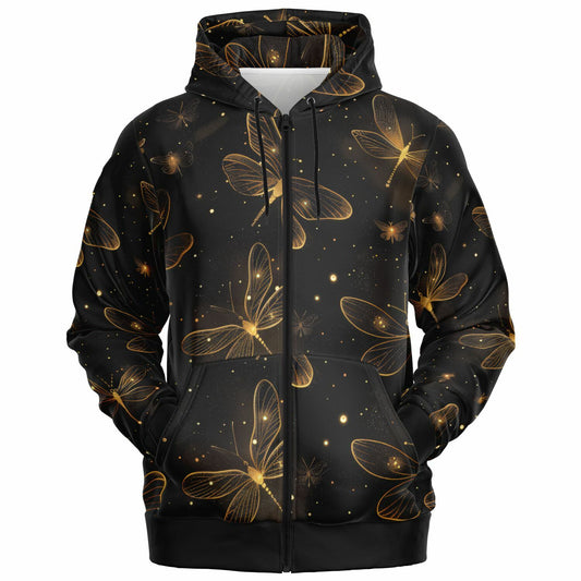 Golden Dragonfly Zip-Up Hoodie – Shimmering Night Sky All Over Print with Magical Ethereal Design | One of a Kind | Unique