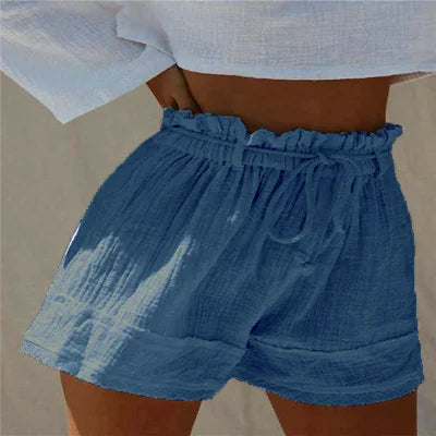 High Waist Cotton Linen Boho Shorts with Pleated Belt
