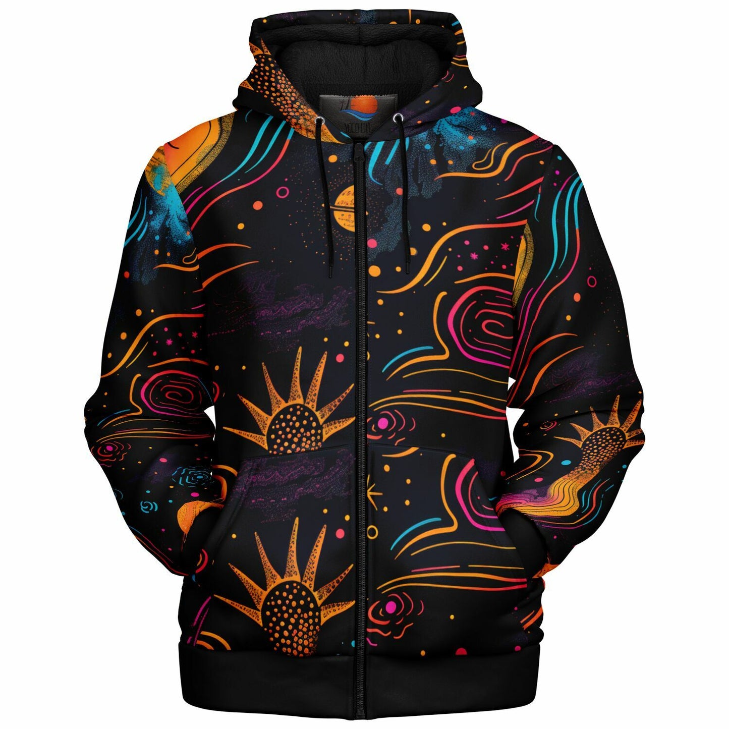 Custom Design Zip Hoodie, Cosmic Psychedelic Sweatshirt, Vibrant Celestial Planets & Stars Zip Up