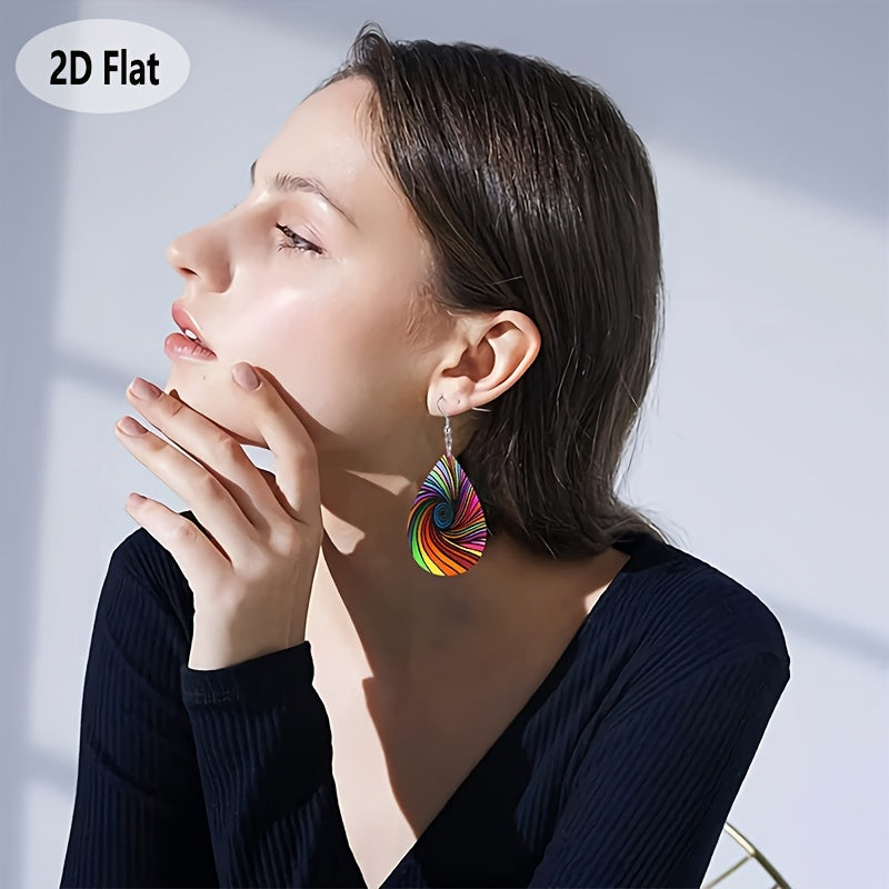 Bohemian Style Colorful Vortex Women'S Earrings with Dizzying Design and Faux Leather Pendant, 2D Flat