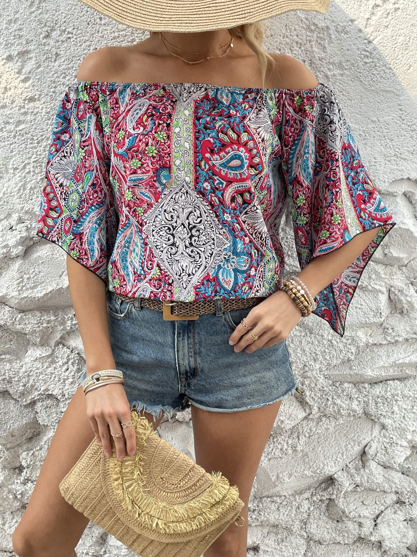 Bohemian Paisley Off-Shoulder Blouse - Lightweight with Statement Flare Sleeves - Perfect for Spring & Summer Outings