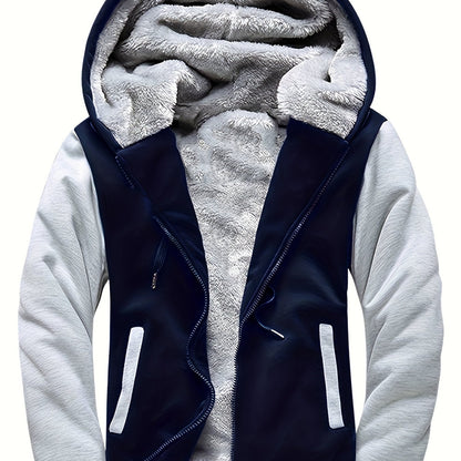 Men's Winter Hoodie: Contrast Colors Fleece Jacket, Cotton Blend, Warm, Comfortable, Versatile for Street Outdoor Activities