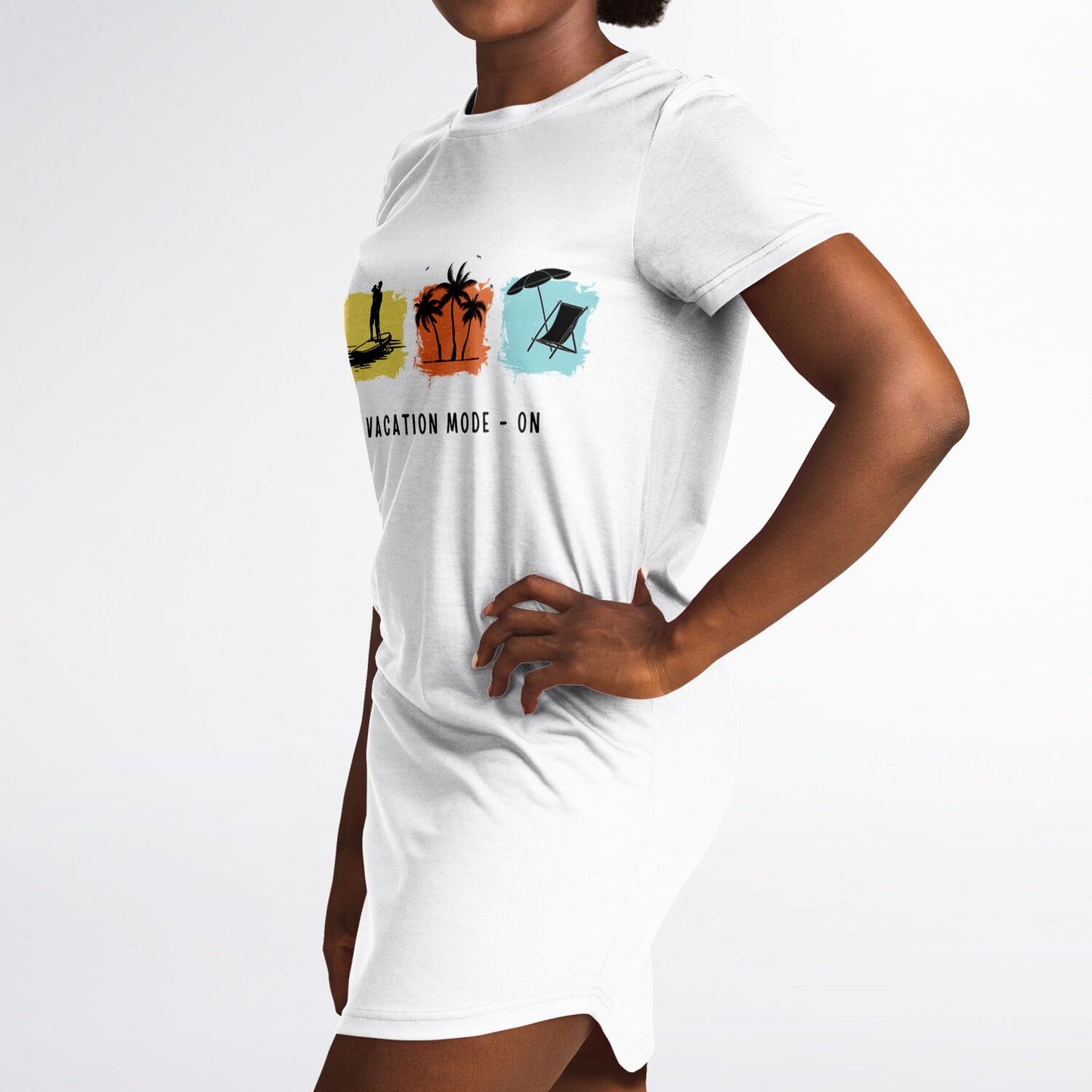 Vacation Mode On White T-Shirt Dress, Casual Summer Beach Dress, Relaxed Fit Travel Outfit, Graphic Vacation Dress for Women copy