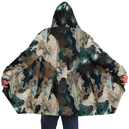 Warm Fall & Winter Hoodie Cloak | Teal Botanical & Abstract Coral Design