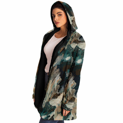 Warm Fall & Winter Hoodie Cloak | Teal Botanical & Abstract Coral Design