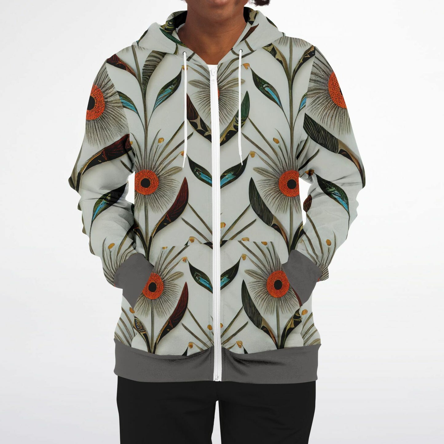 Gray Floral Athletic Zip-Up Hoodie – Unique One-of-a-Kind Women’s & Men’s Activewear Jacket