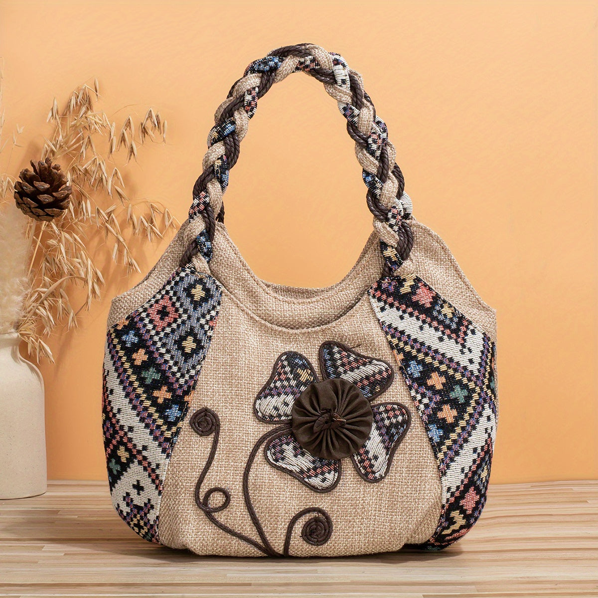 Bohemian Style Handmade Flower Tote Bag, Foldable, Zipper Closure, Fixed Shoulder Strap, with Wristlet, for Vacation