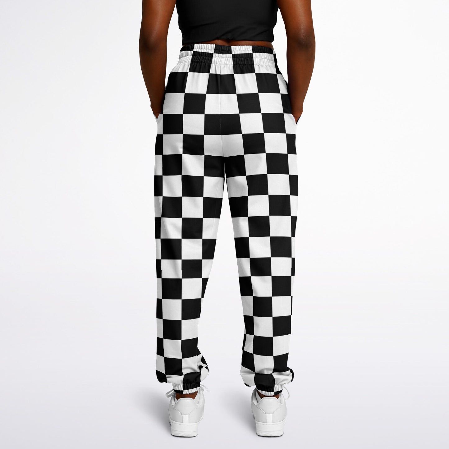 Black White Checkered Women's Track Pants, Eco-Friendly Check Straight Leg Quick Dry Festival Elastic Waist Windbreaker Tracksuit