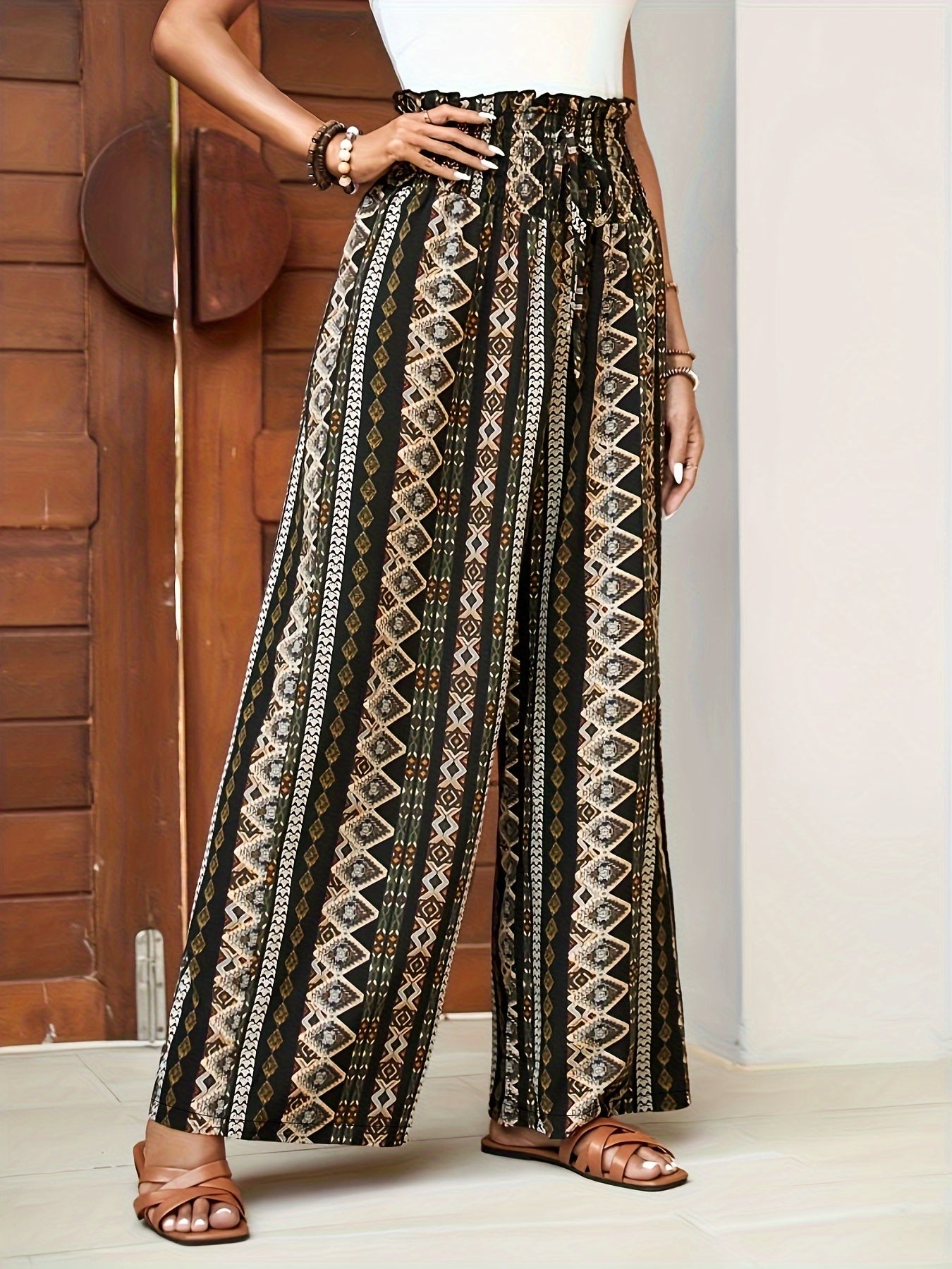 Women's Bohemian Style Wide Leg Pants - Ethnic Print, Beige & Black Color Scheme, Tie Waist, Perfect for Vacation, Leisure, and Weekend Wear