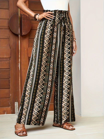 Women's Bohemian Style Wide Leg Pants - Ethnic Print, Beige & Black Color Scheme, Tie Waist, Perfect for Vacation, Leisure, and Weekend Wear