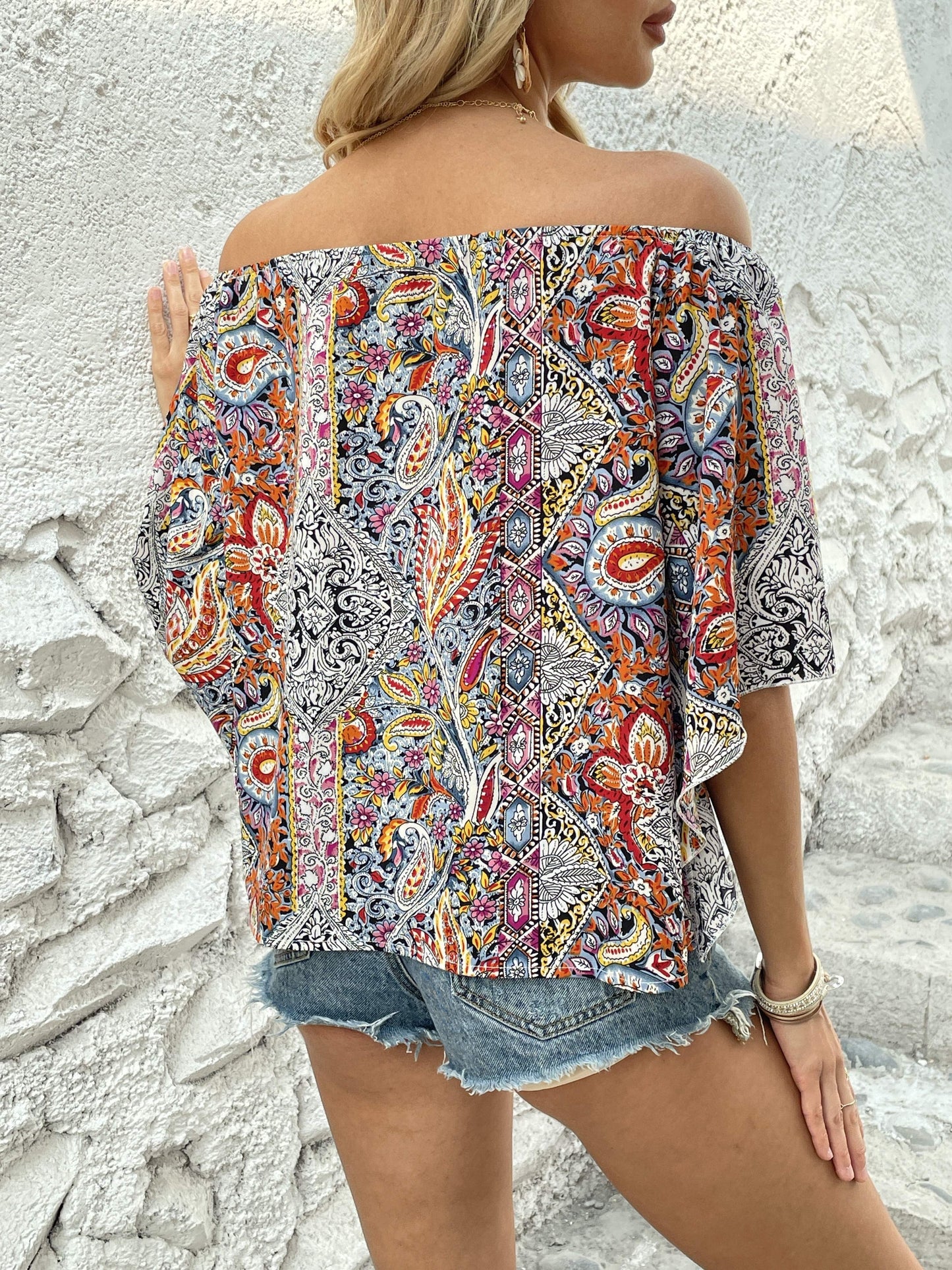 Bohemian Paisley Off-Shoulder Blouse - Lightweight with Statement Flare Sleeves - Perfect for Spring & Summer Outings