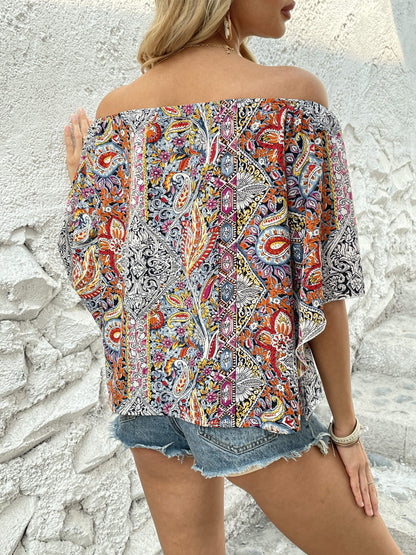 Bohemian Paisley Off-Shoulder Blouse - Lightweight with Statement Flare Sleeves - Perfect for Spring & Summer Outings