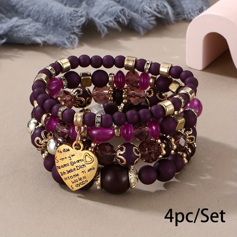 Bohemian Multilayer Bead Bracelet Peach Heart Pendant Vintage Couple Bracelet Handmade, Father's Day Gift