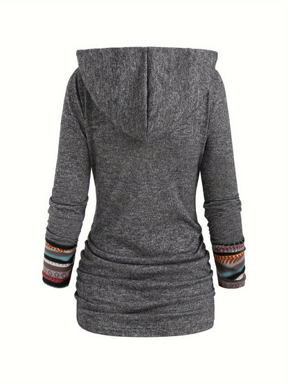 Stripe Splicing Button Decor Hoodie, Casual Long Sleeve Hoodie, Women's Clothing