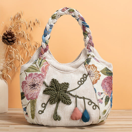 Bohemian Style Handmade Flower Tote Bag, Foldable, Zipper Closure, Fixed Shoulder Strap, with Wristlet, for Vacation