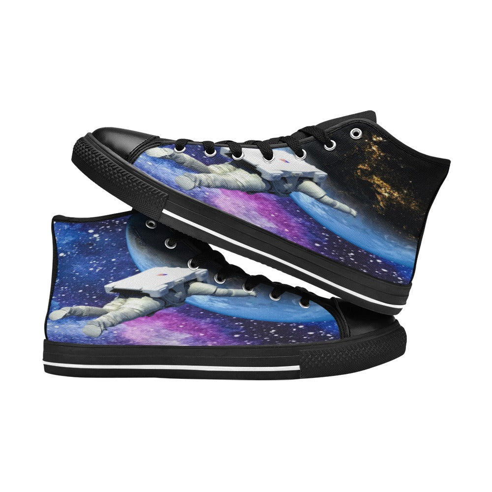 Mens Galaxy Shoes, High Tops Footwear Space Cadet Universe Canvas Sneakers Stars Astronomy Astronaut Nebula EDM Techno Epic Gift Ideas