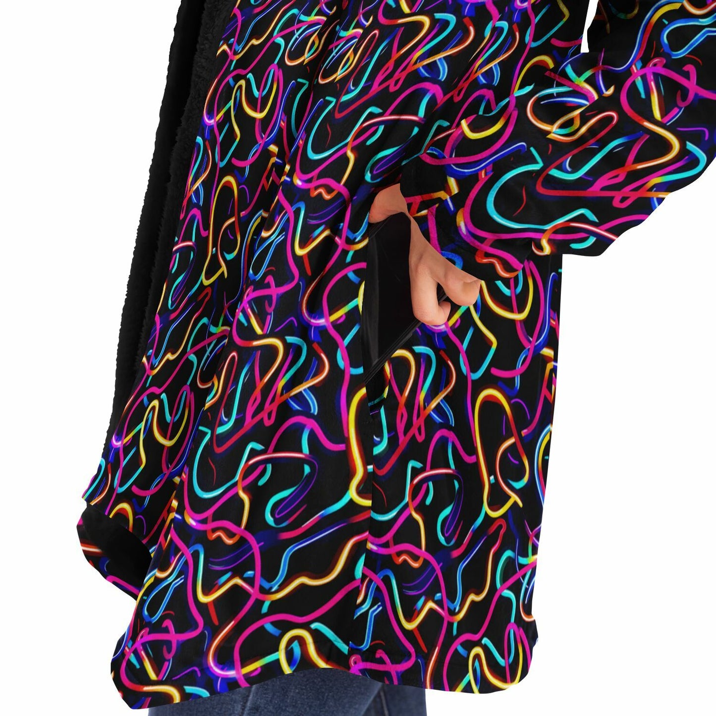 Microfleece Cloak – Neon Abstract Hooded Wrap, Glowing Digital Art Lines