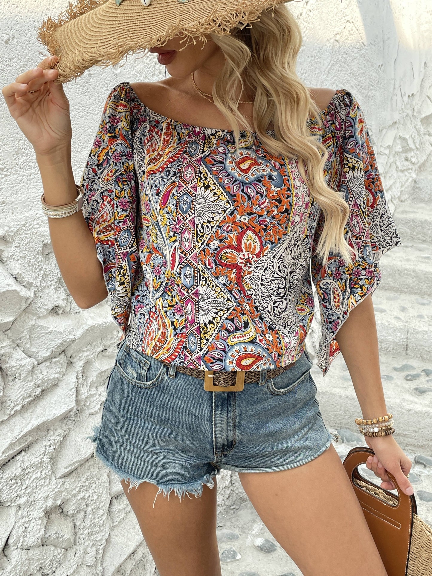 Bohemian Paisley Off-Shoulder Blouse - Lightweight with Statement Flare Sleeves - Perfect for Spring & Summer Outings