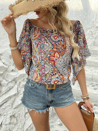 Bohemian Paisley Off-Shoulder Blouse - Lightweight with Statement Flare Sleeves - Perfect for Spring & Summer Outings