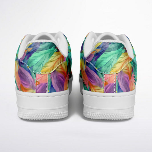 Core Low Shoes, Neon Feather Sneakers, Colorful Feather Print Low Tops, Festival Streetwear Shoes, Custom Shoes